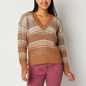 Frye and Co. Open Knit V-Neck Sweater Brown Tan Size XS